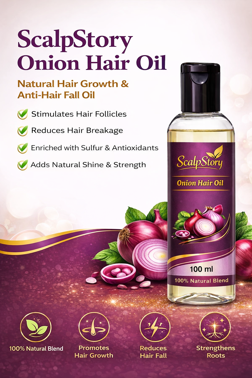 Onion Hair Oil – Natural Hair Growth & Anti-Hair Fall Oil with Sulfur & Antioxidants 100ml